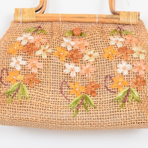 Boho Burlap Bamboo Flowers Large Shopper Tote Handbag Purse Satchel - Picture 2 of 8